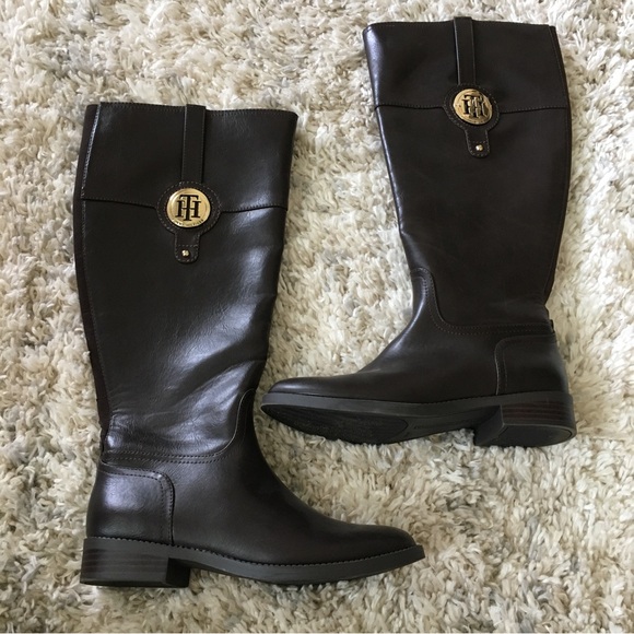 Tommy Hilfiger Calf High Brown Logo Boots - Picture 1 of 10